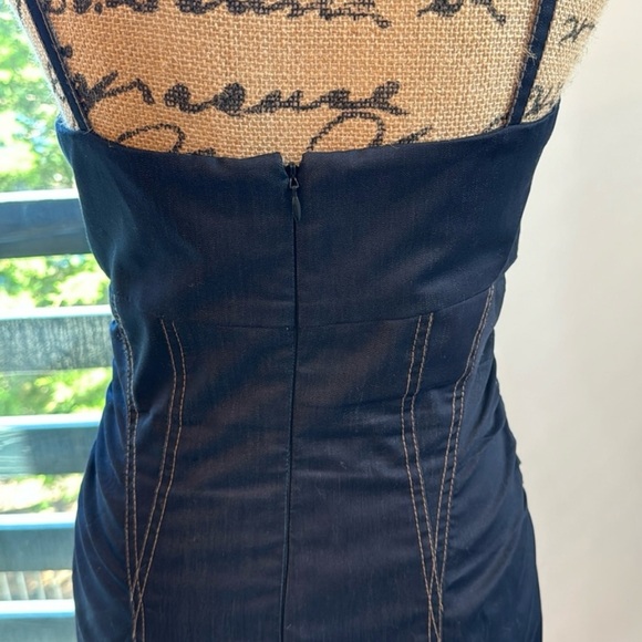 Cache Darkwash Denim Ruched Jean Dress in Bodycon Midi Style with Tan Stitching! - Picture 4 of 8